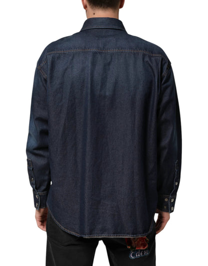 Dolce & Gabbana Blue Denim Button Casual Logo Patch Men Shirt by Dolce & Gabbana