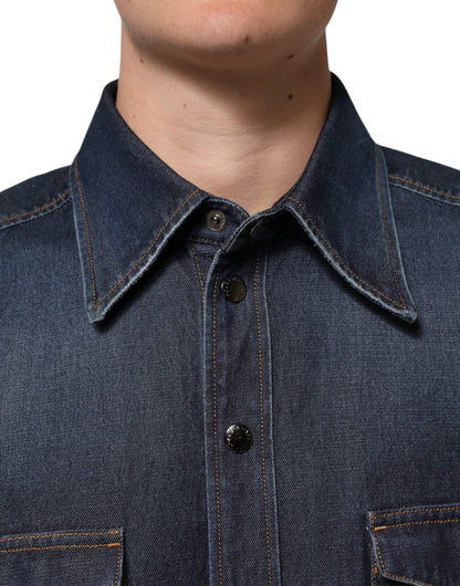 Dolce & Gabbana Blue Denim Button Casual Logo Patch Men Shirt by Dolce & Gabbana