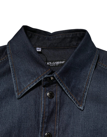 Dolce & Gabbana Blue Denim Button Casual Logo Patch Men Shirt by Dolce & Gabbana