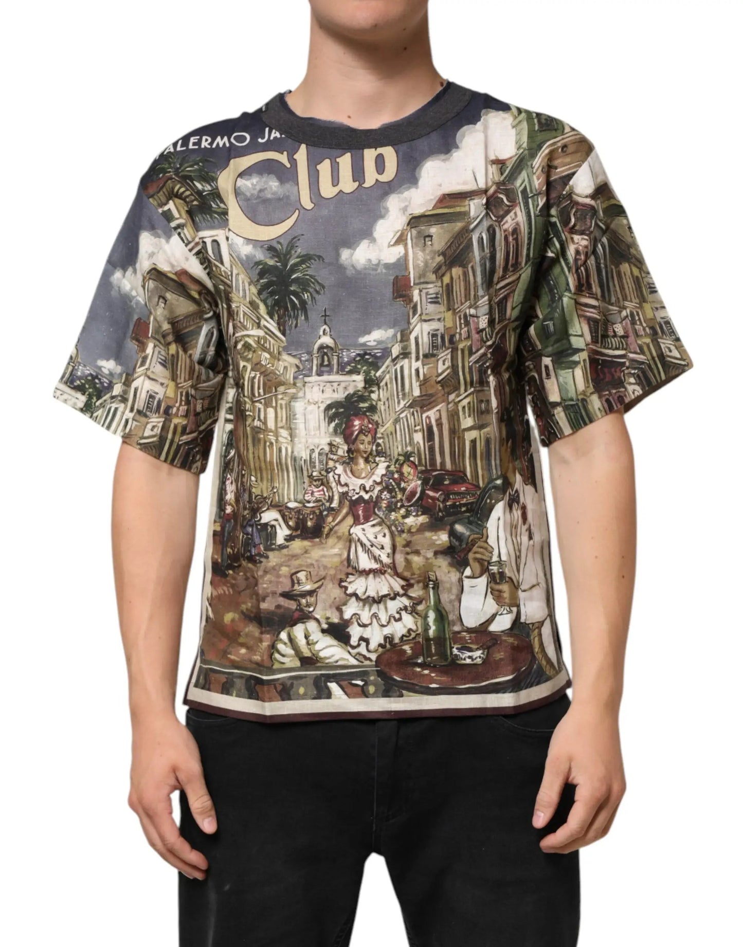 Dolce & Gabbana Palermo Jazz Club Linen Crew Neck Men T-shirt by Dolce & Gabbana