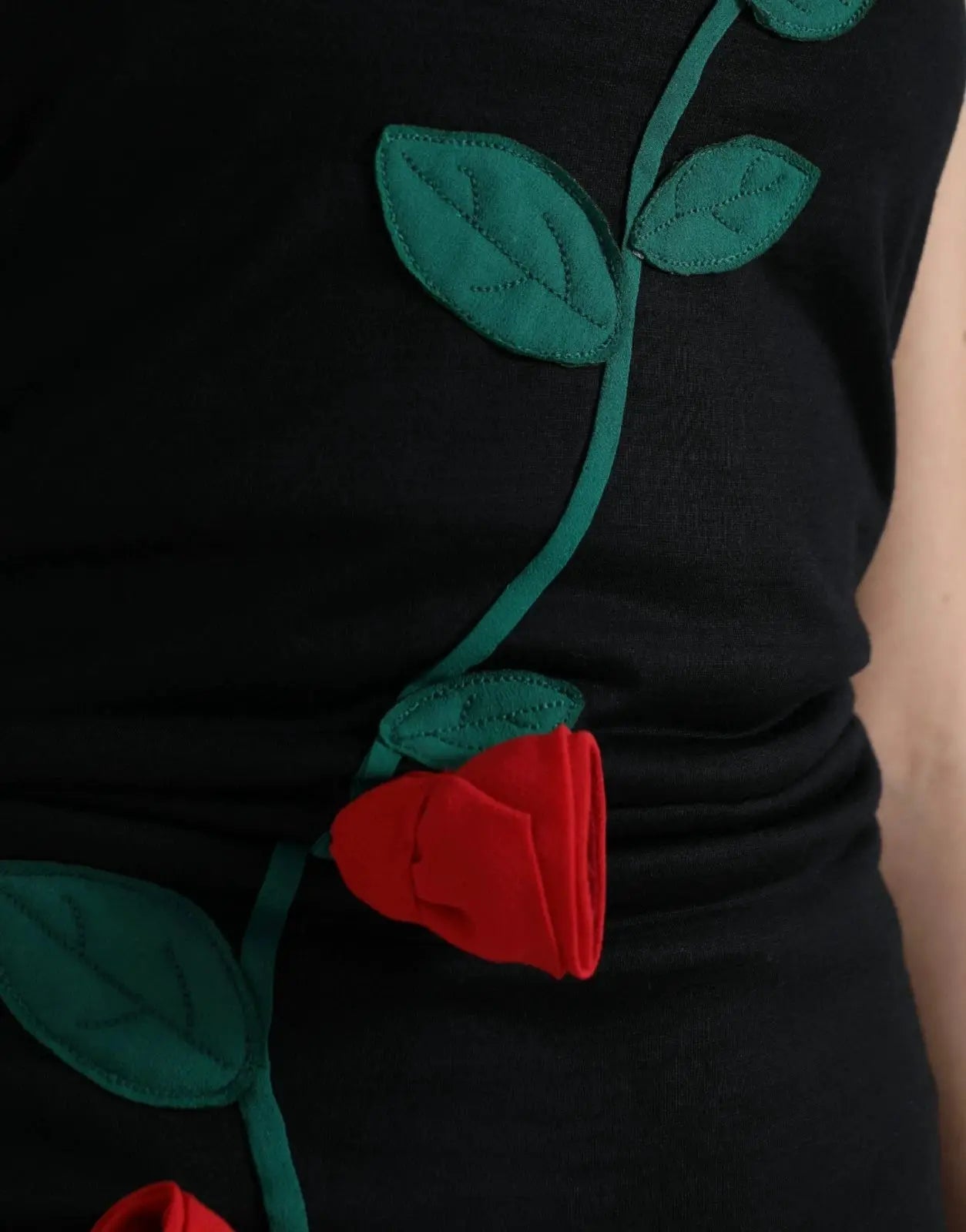 Dolce & Gabbana Black Wool Sleeveless Rose Applique Dress by Dolce & Gabbana