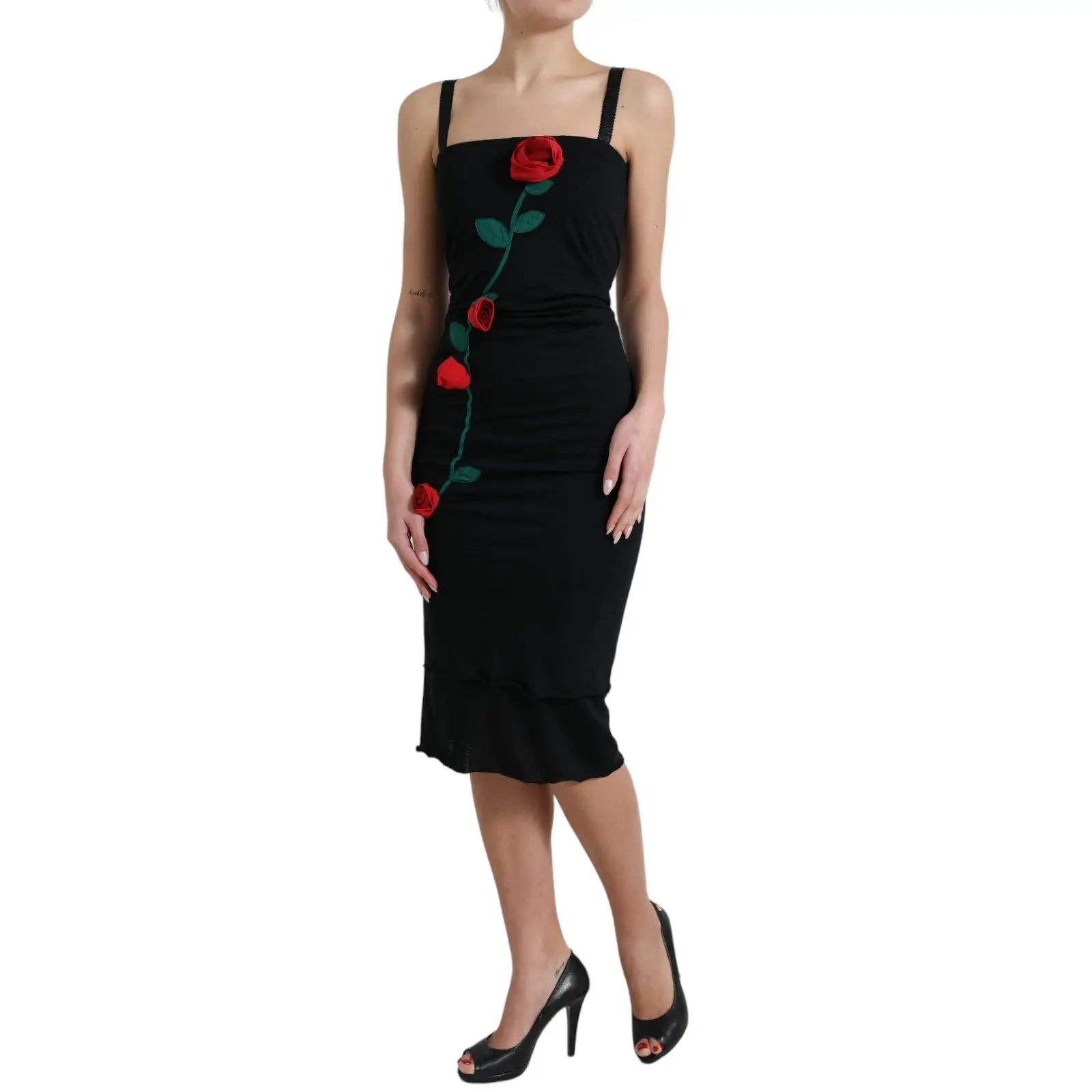 Dolce & Gabbana Black Wool Sleeveless Rose Applique Dress by Dolce & Gabbana