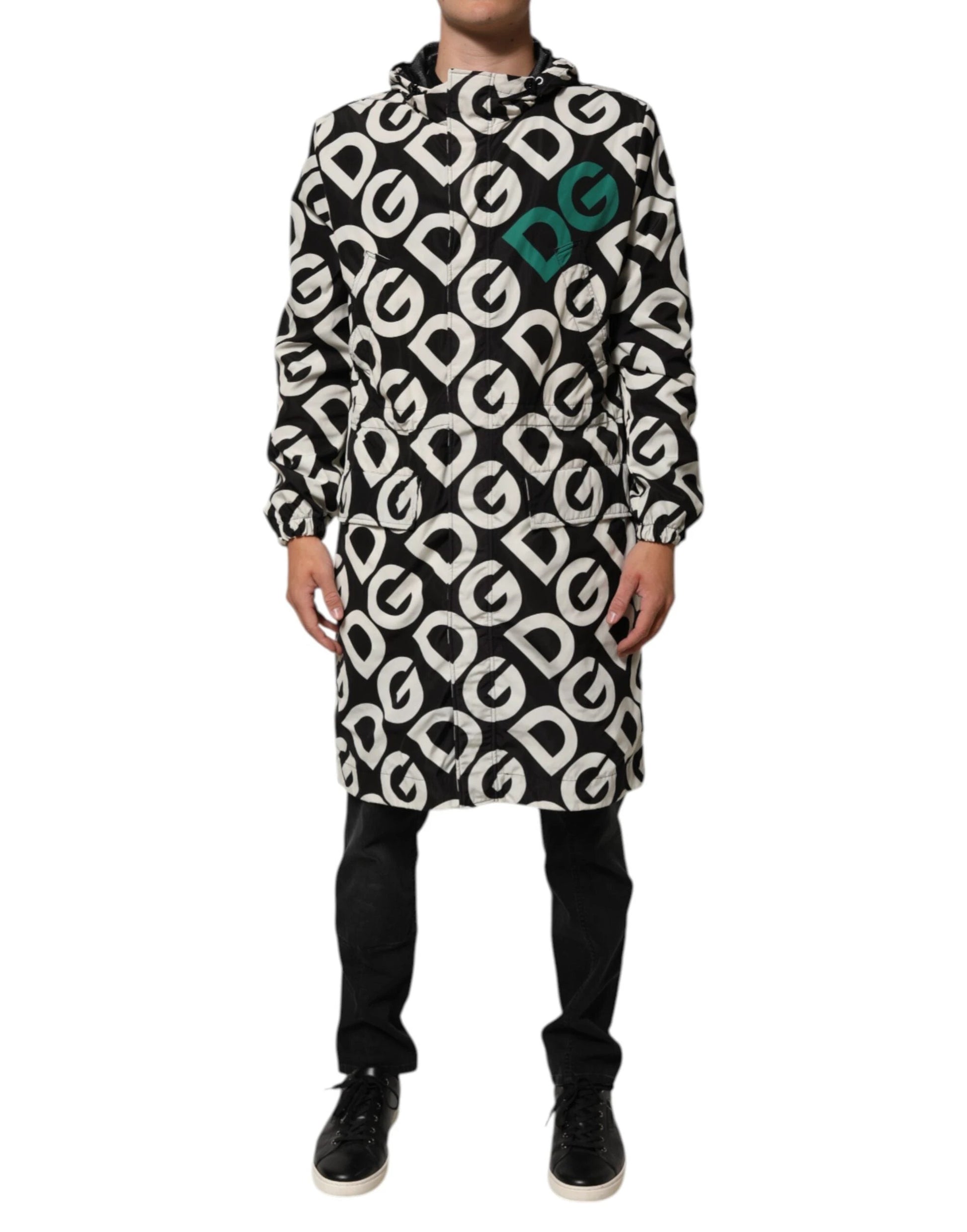Dolce & Gabbana Black White Logo Print Hooded Coat Men Jacket by Dolce & Gabbana