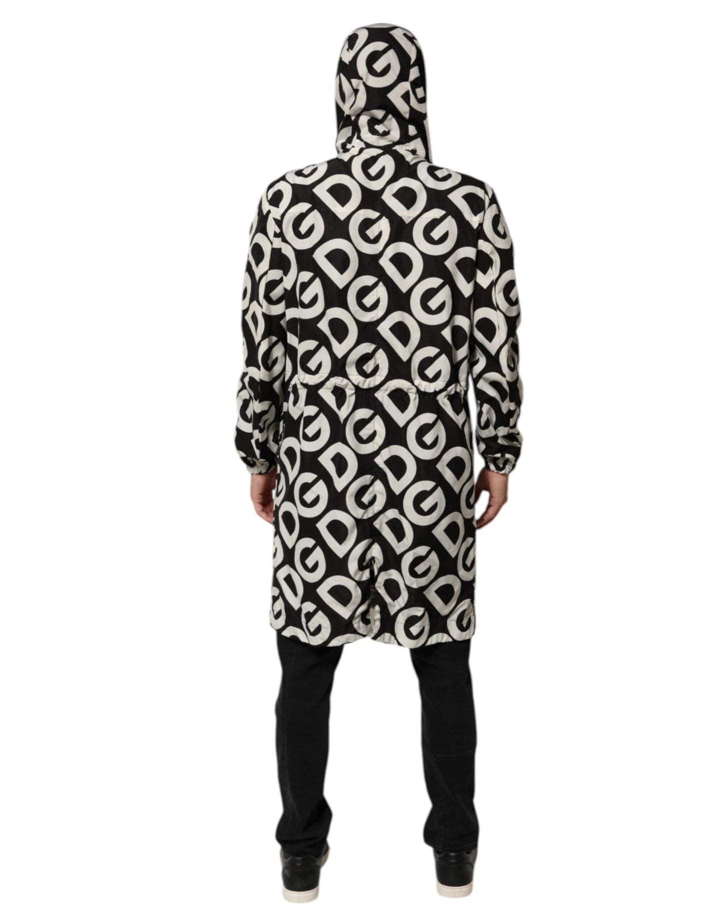 Dolce & Gabbana Black White Logo Print Hooded Coat Men Jacket by Dolce & Gabbana
