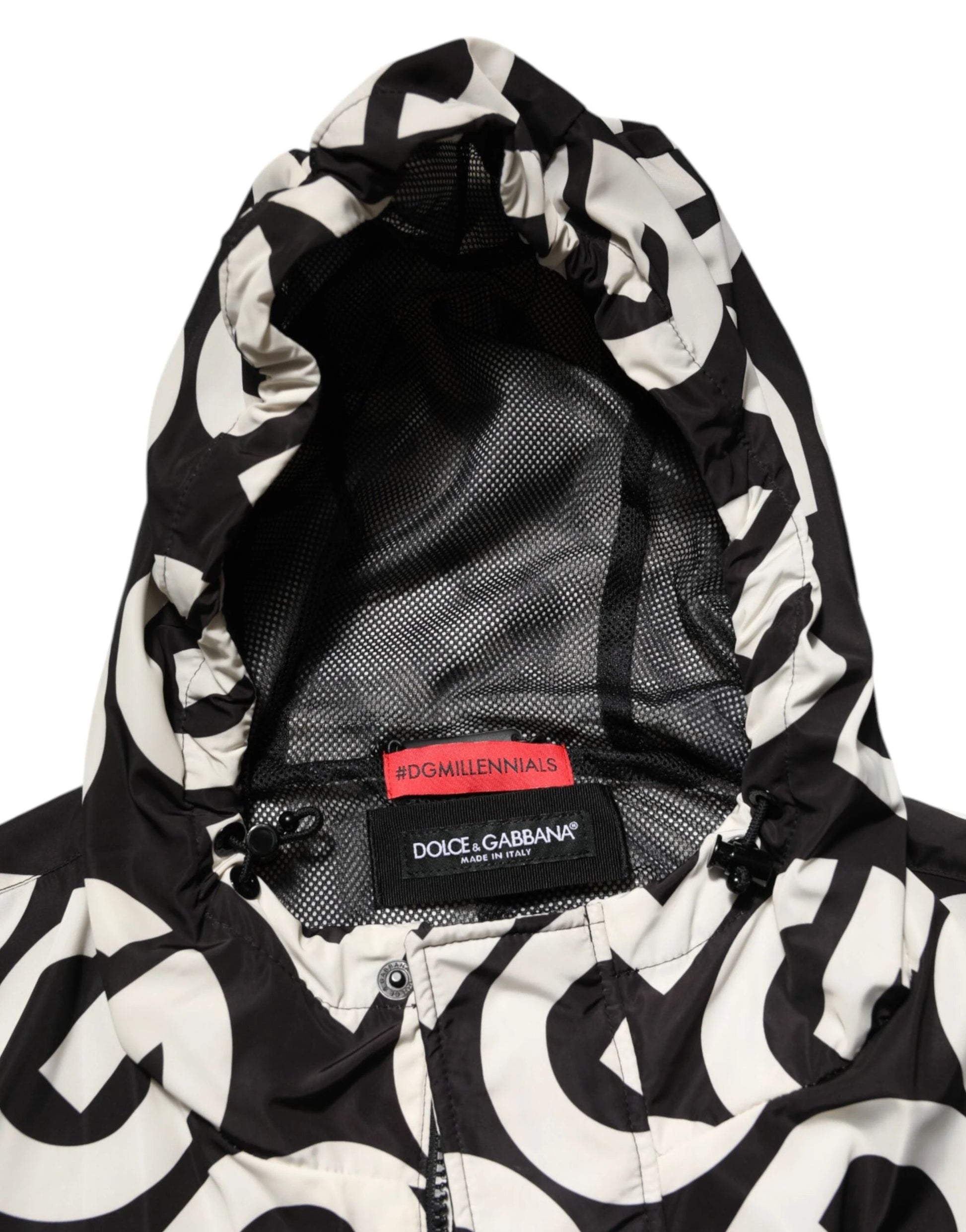 Dolce & Gabbana Black White Logo Print Hooded Coat Men Jacket by Dolce & Gabbana
