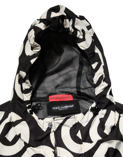 Dolce & Gabbana Black White Logo Print Hooded Coat Men Jacket by Dolce & Gabbana