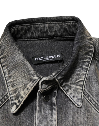 Dolce & Gabbana Black Washed Cotton Snap Long Sleeve Casual Shirt by Dolce & Gabbana