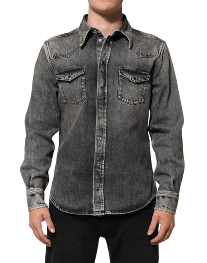 Dolce & Gabbana Black Washed Cotton Snap Long Sleeve Casual Shirt by Dolce & Gabbana