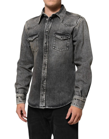 Dolce & Gabbana Black Washed Cotton Snap Long Sleeve Casual Shirt by Dolce & Gabbana
