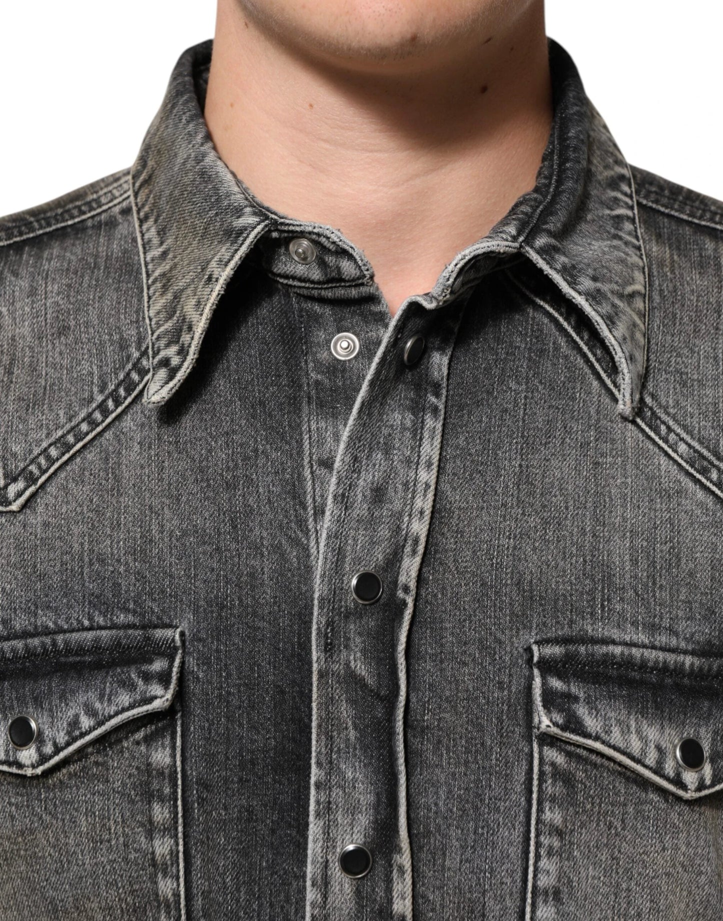 Dolce & Gabbana Black Washed Cotton Snap Long Sleeve Casual Shirt by Dolce & Gabbana