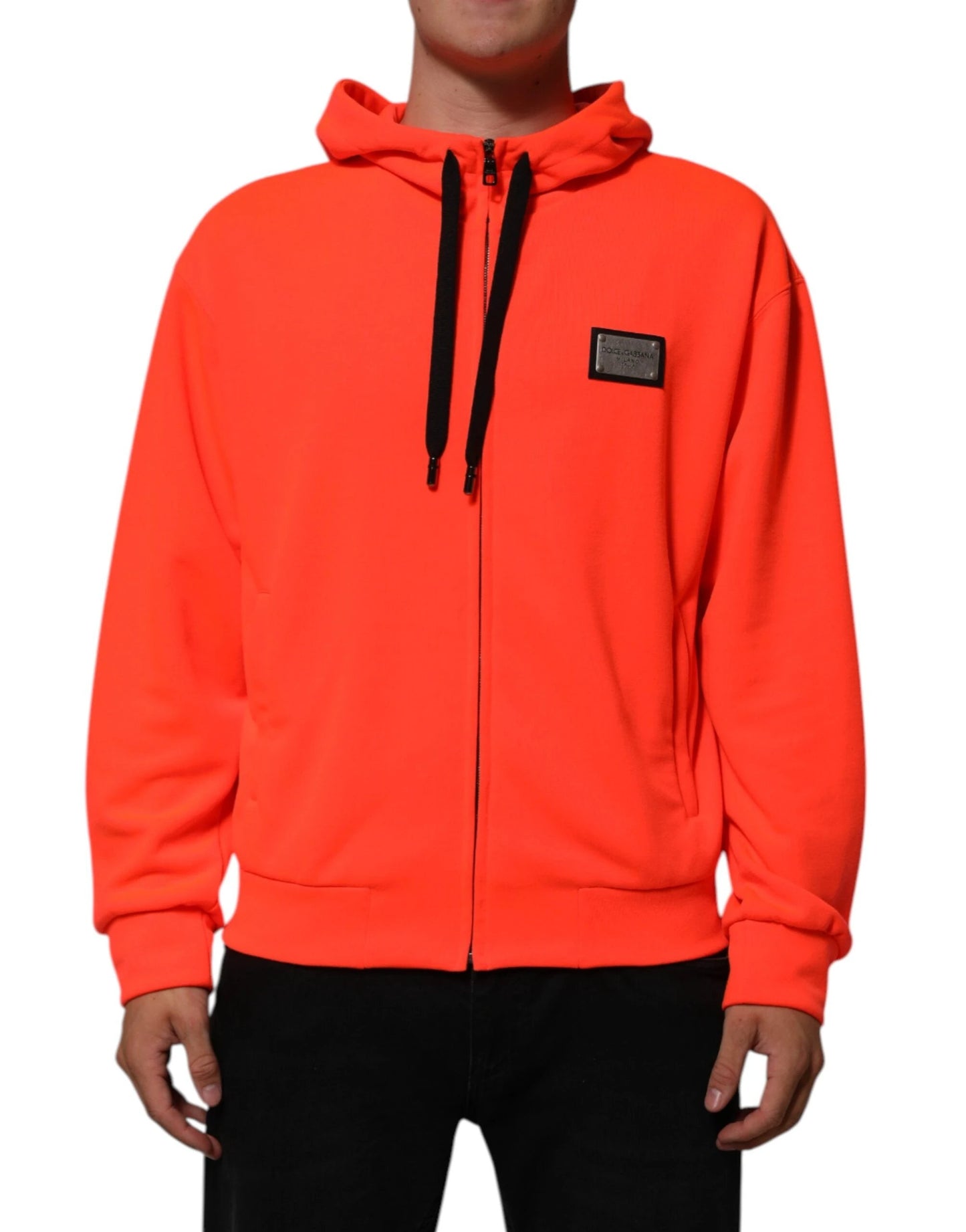 Dolce & Gabbana Red Fluorescent Polyester Logo Patch Hoodie Sweater by Dolce & Gabbana