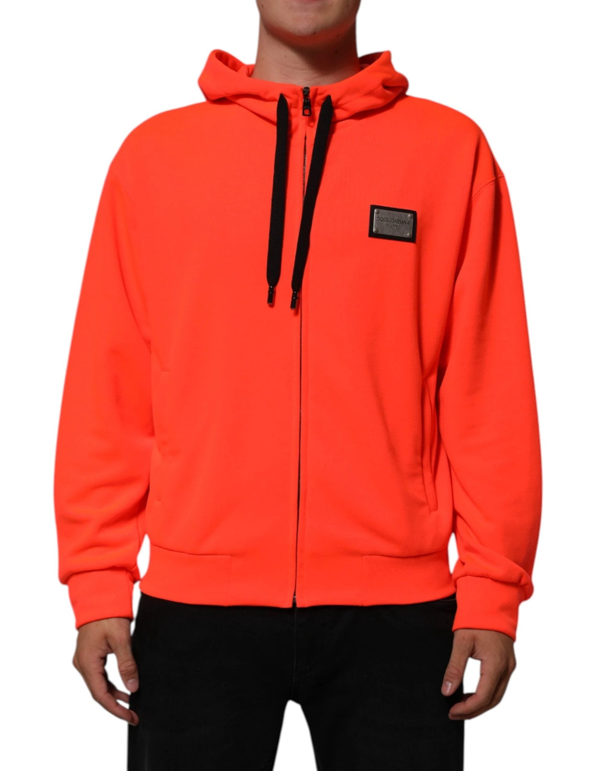 Dolce & Gabbana Red Fluorescent Polyester Logo Patch Hoodie Sweater by Dolce & Gabbana
