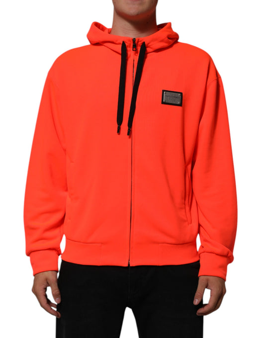 Sweat à capuche zippé Dolce & Gabbana à patch logo en polyester rouge fluo – TSH91245