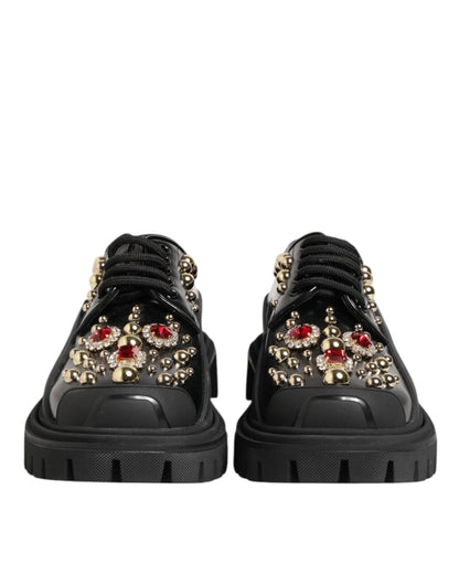 Dolce & Gabbana Black Leather Jeweled Crystals Derby Shoes by Dolce & Gabbana