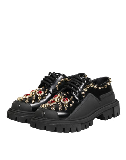 Dolce & Gabbana Black Leather Jeweled Crystals Derby Shoes by Dolce & Gabbana