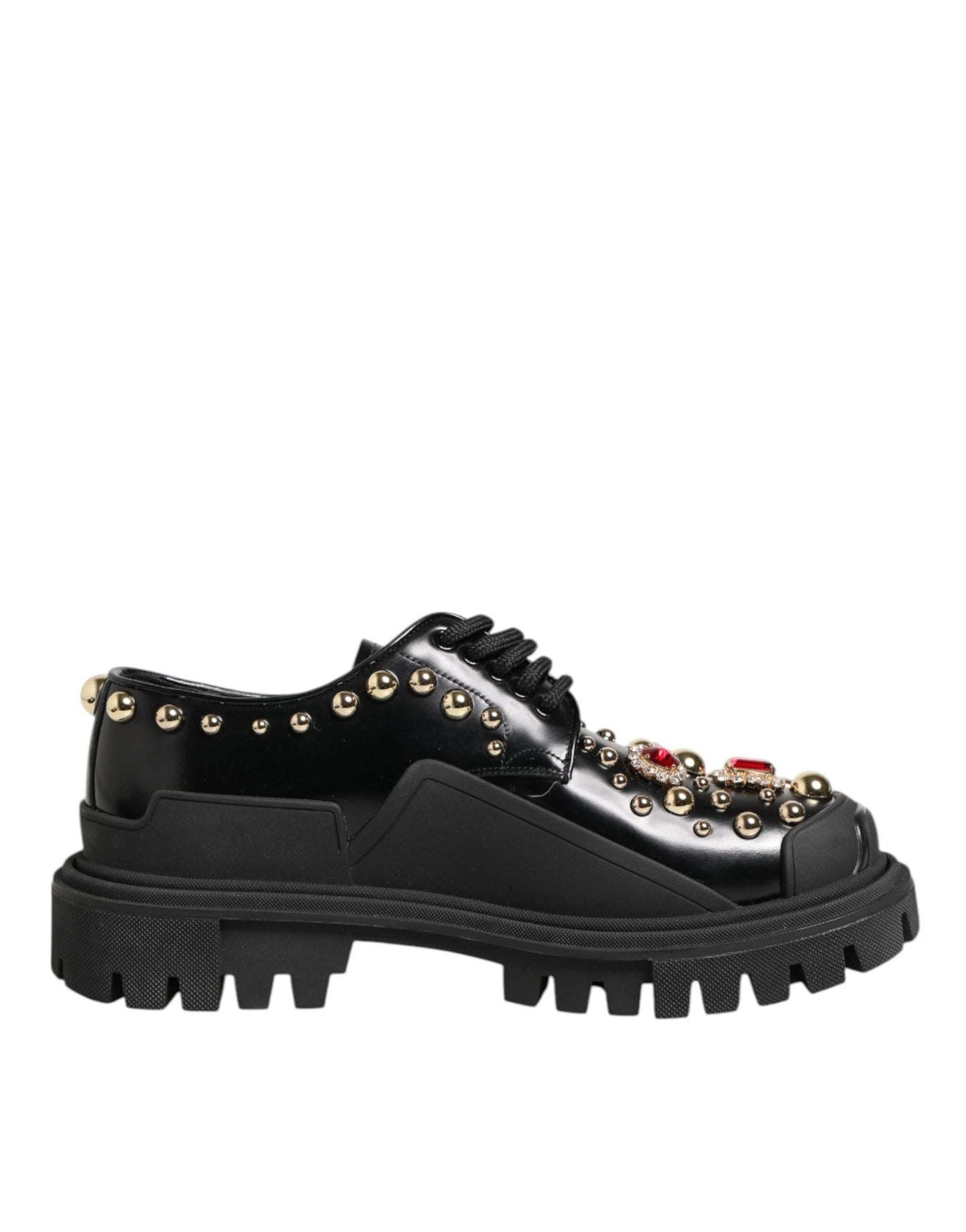 Dolce & Gabbana Black Leather Jeweled Crystals Derby Shoes by Dolce & Gabbana