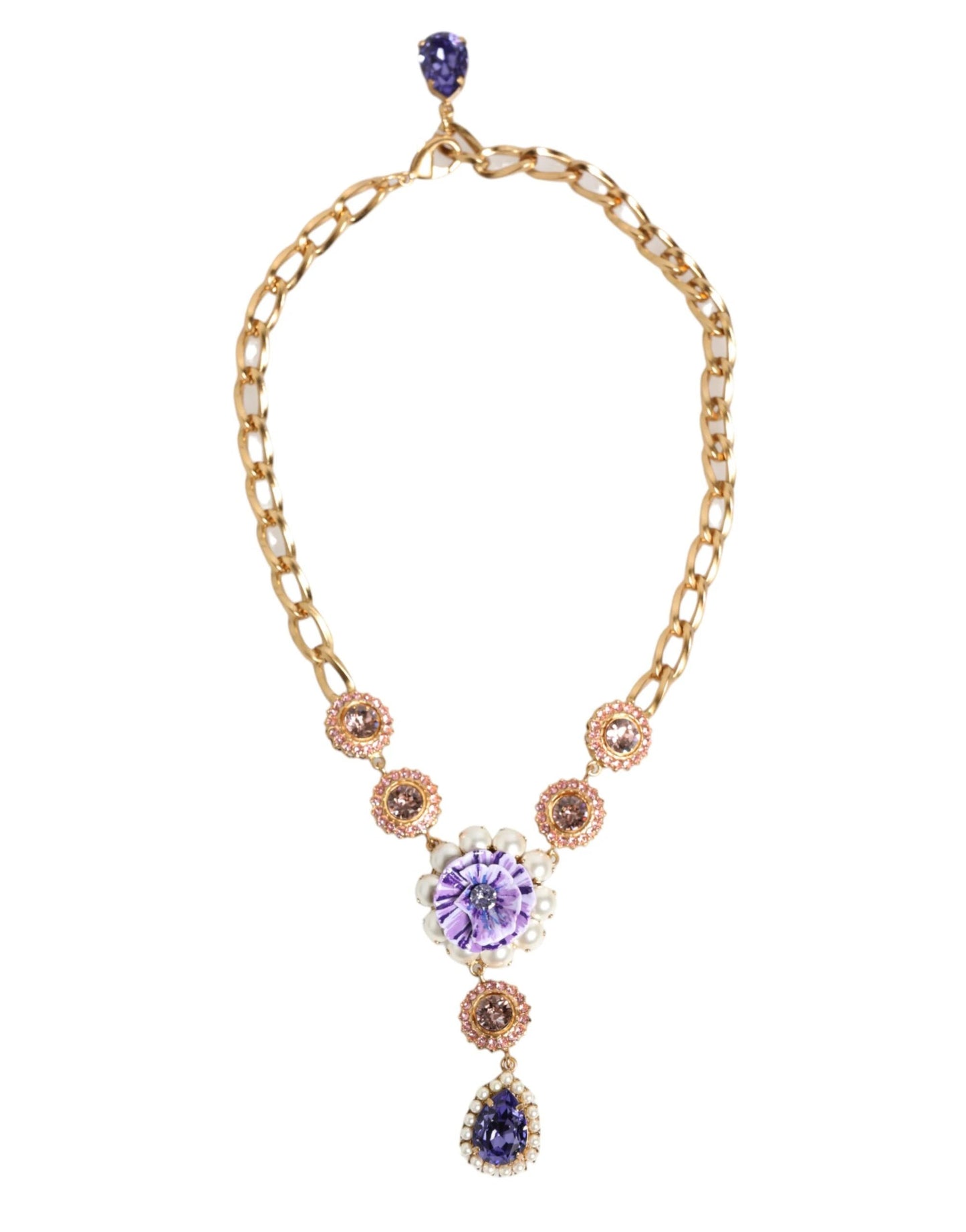 Dolce & Gabbana Gold Brass Crystal Pearl Purple Floral Pendant Jewelry Necklace