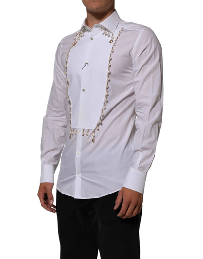 Dolce & Gabbana White Cotton DG Logo Pearl GOLD Formal Shirt by Dolce & Gabbana
