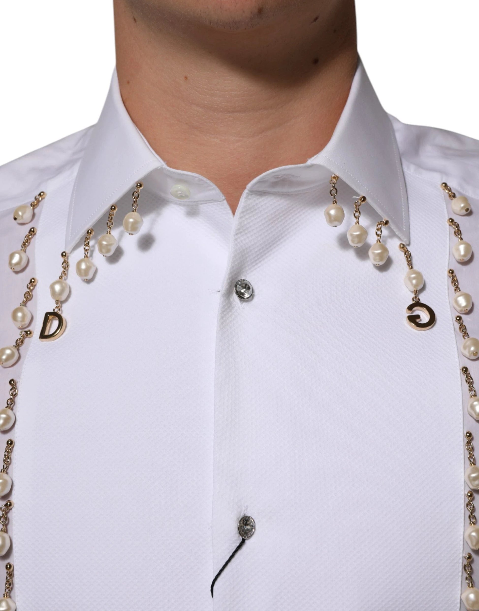 Dolce & Gabbana White Cotton DG Logo Pearl GOLD Formal Shirt by Dolce & Gabbana