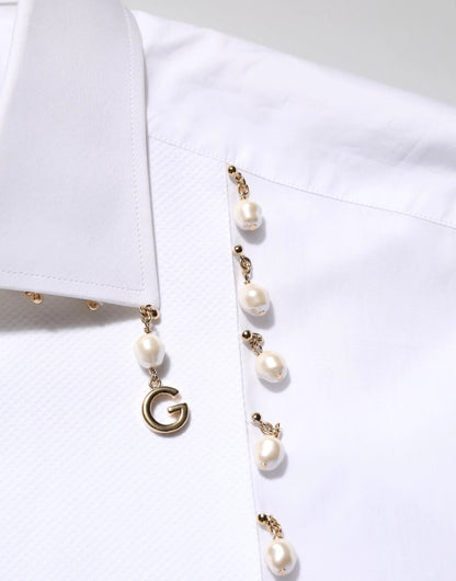 Dolce & Gabbana White Cotton DG Logo Pearl GOLD Formal Shirt by Dolce & Gabbana