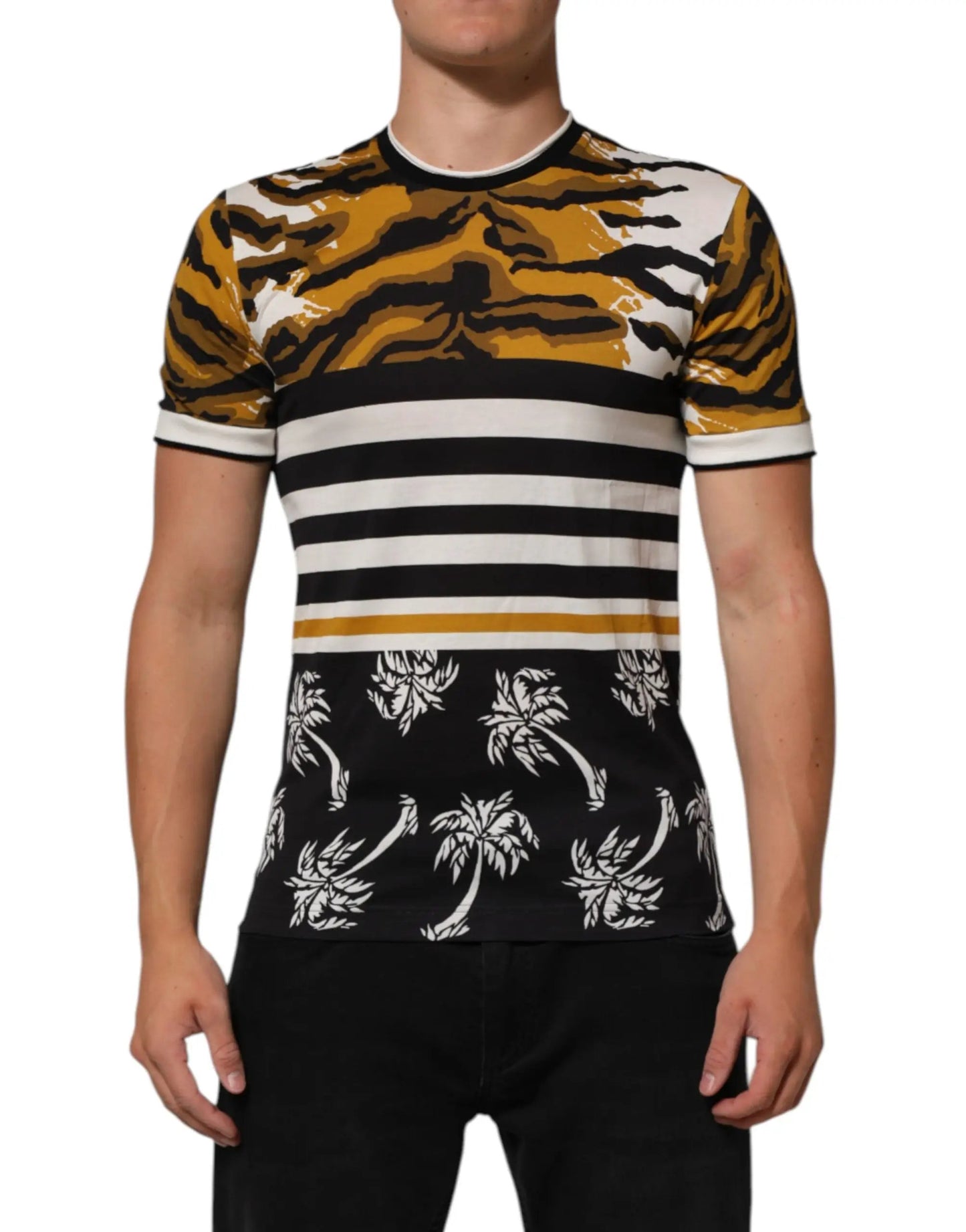 Dolce & Gabbana Multicolor Leopard Palm Leaf Men Crew Neck T-shirt by Dolce & Gabbana