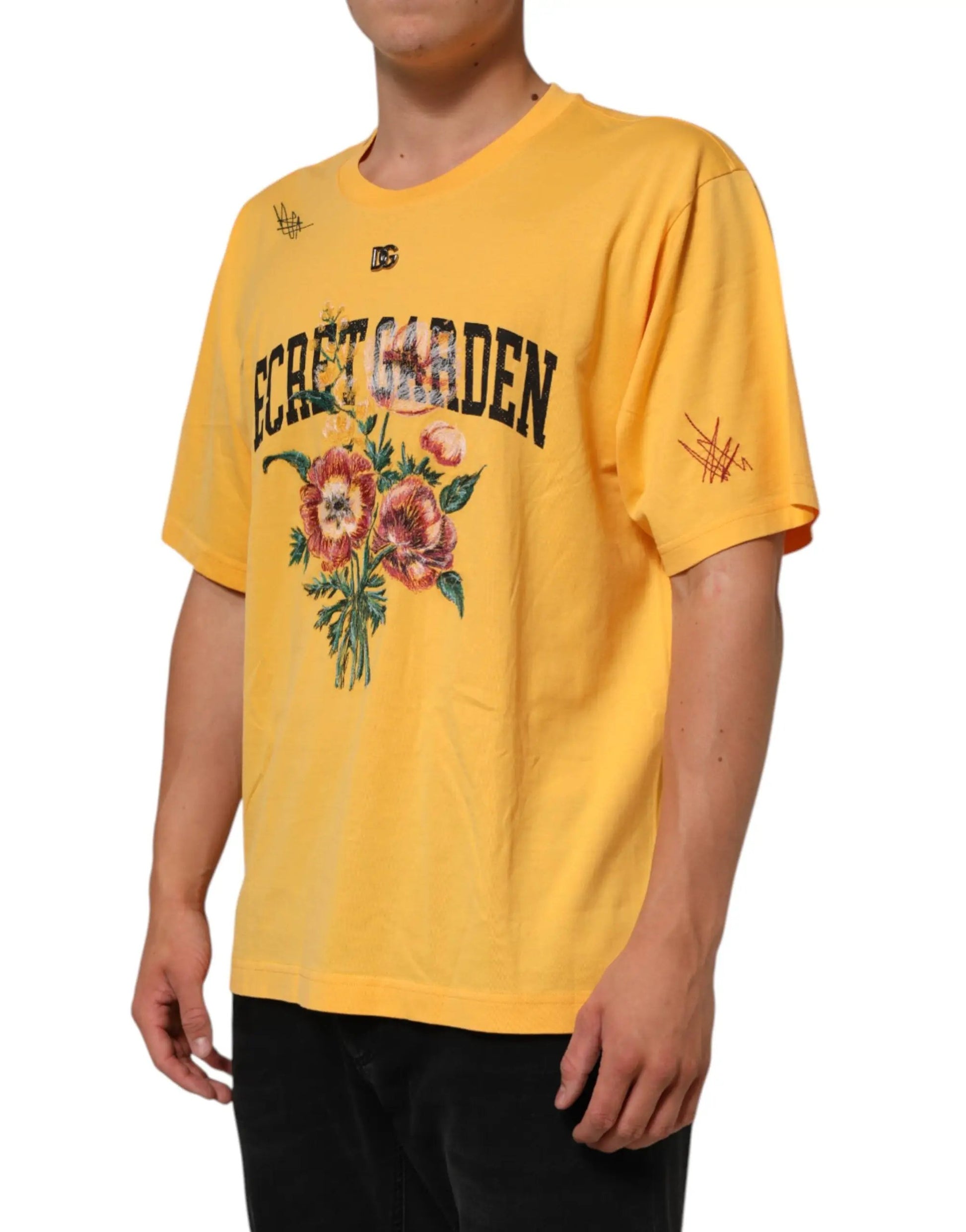 Dolce & Gabbana Yellow Secret Graden Floral Cotton CrewNeck T-shirt by Dolce & Gabbana