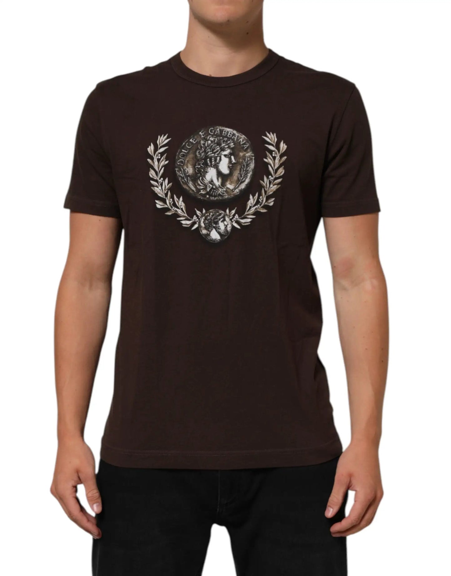 Dolce & Gabbana Brown Coin Laurel Print Men Crew Neck T-shirt by Dolce & Gabbana