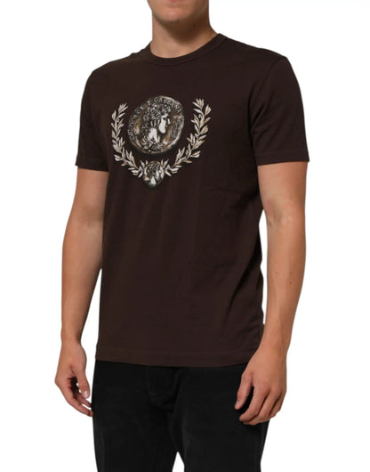 Dolce & Gabbana Brown Coin Laurel Print Men Crew Neck T-shirt by Dolce & Gabbana