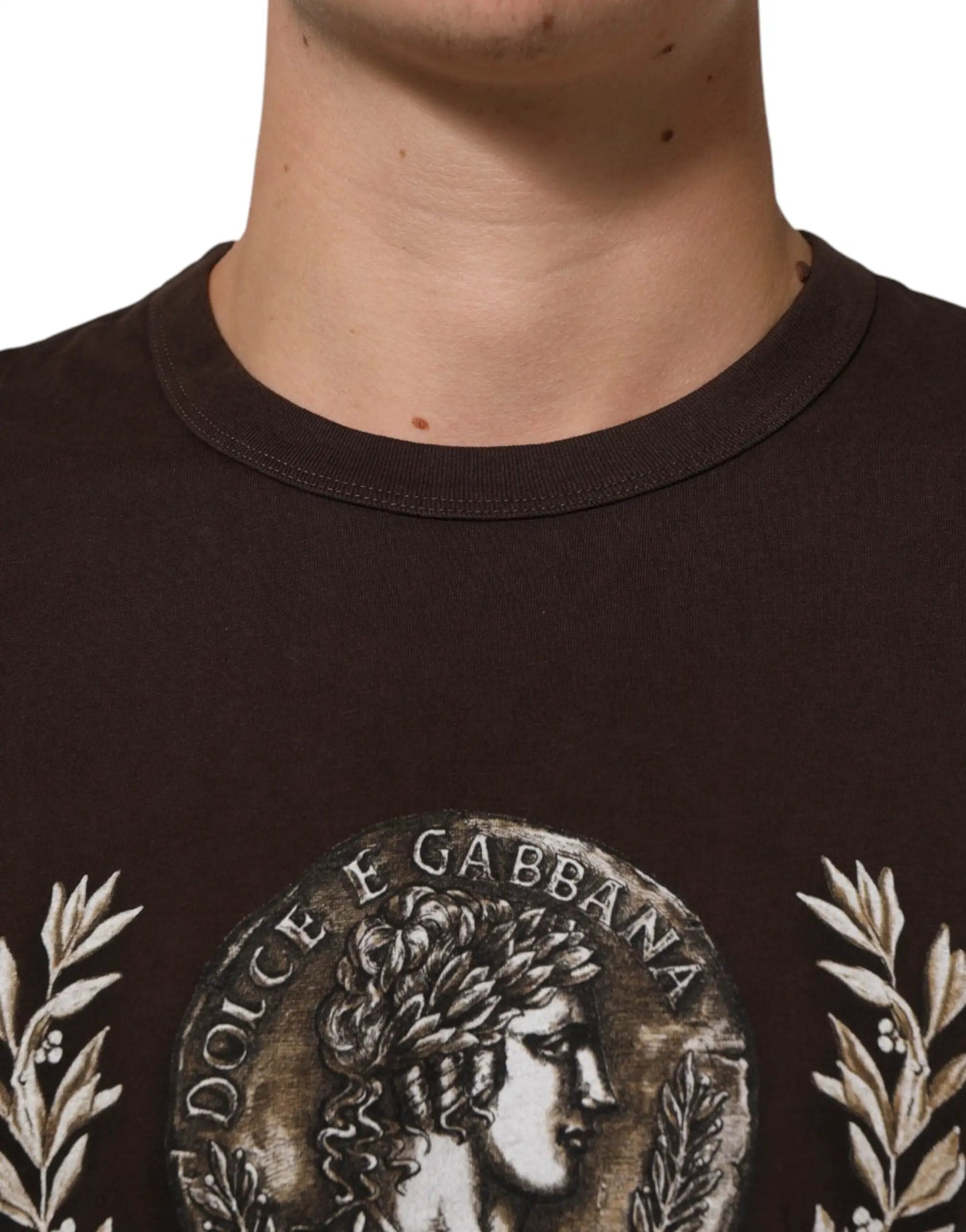 Dolce & Gabbana Brown Coin Laurel Print Men Crew Neck T-shirt by Dolce & Gabbana