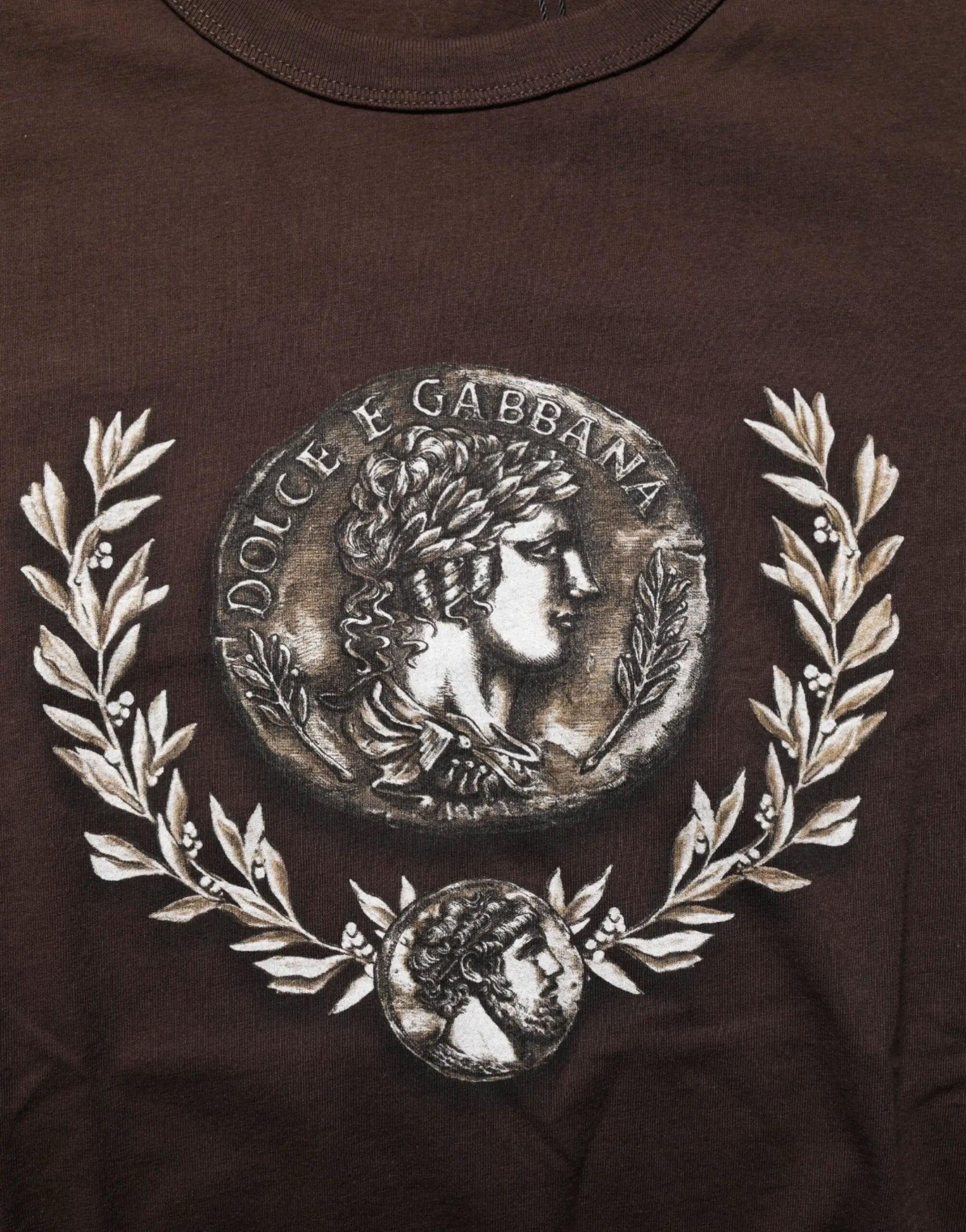 Dolce & Gabbana Brown Coin Laurel Print Men Crew Neck T-shirt by Dolce & Gabbana