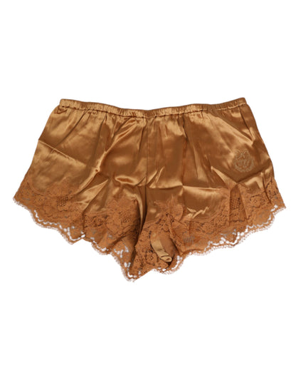 Dolce & Gabbana Brown Silk Satin Floral Lace Shorts Underwear