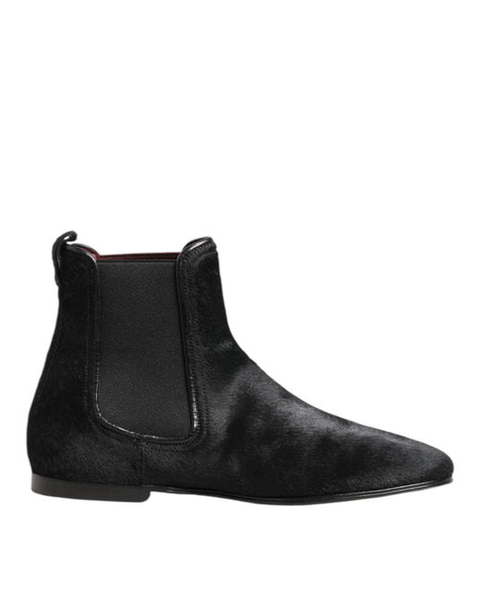 Dolce & Gabbana Black Leather Fur Men CHELSEA Boots Shoes
