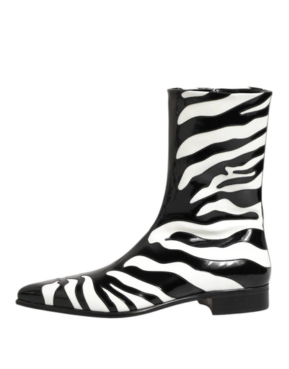 Dolce & Gabbana Black White Zebra Leather Mid Calf Boots Shoes by Dolce & Gabbana