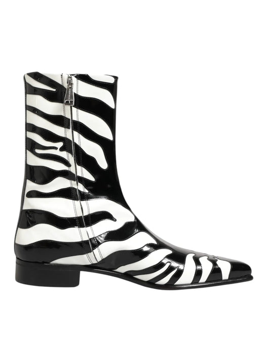 Dolce & Gabbana Black White Zebra Leather Mid Calf Boots Shoes by Dolce & Gabbana