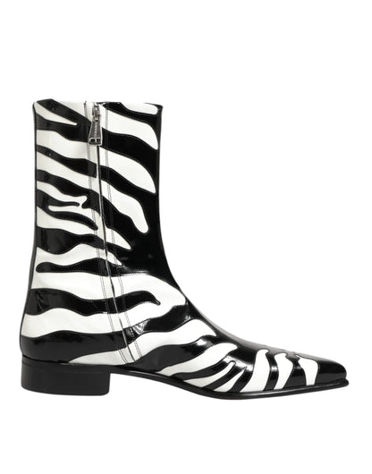 Dolce & Gabbana Black White Zebra Leather Mid Calf Boots Shoes by Dolce & Gabbana