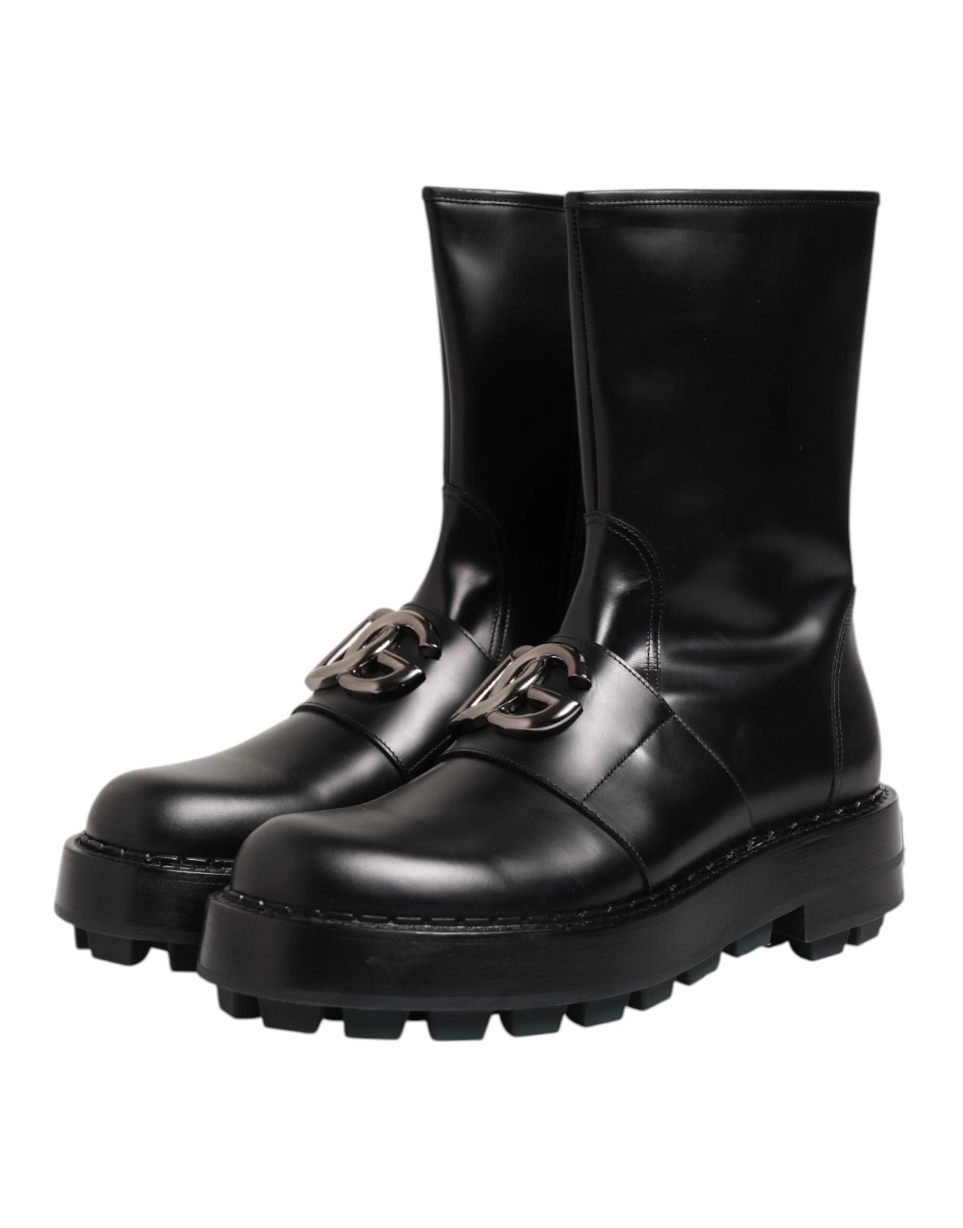 Dolce & Gabbana Black Logo Plaque Mid Calf Biker Boots Shoes by Dolce & Gabbana