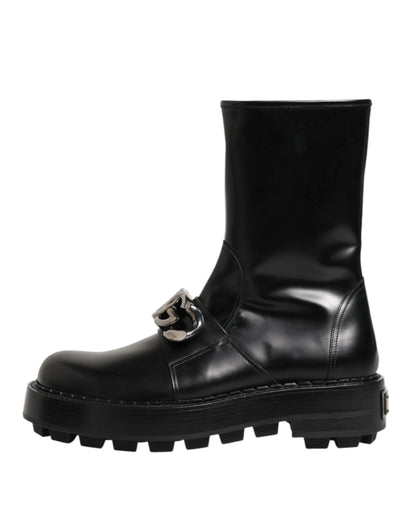 Dolce & Gabbana Black Logo Plaque Mid Calf Biker Boots Shoes by Dolce & Gabbana