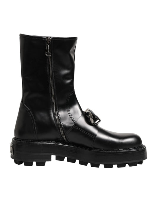 Dolce & Gabbana Black Logo Plaque Mid Calf Biker Boots Shoes