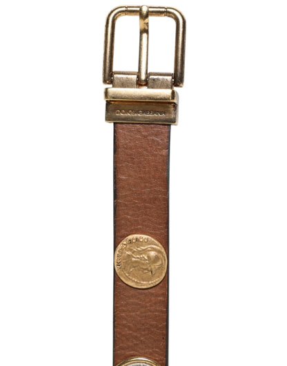 Dolce & Gabbana Brown Leather Gold Silver Coin Buckle Belt by Dolce & Gabbana