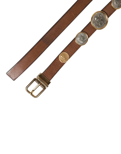 Dolce & Gabbana Brown Leather Gold Silver Coin Buckle Belt by Dolce & Gabbana