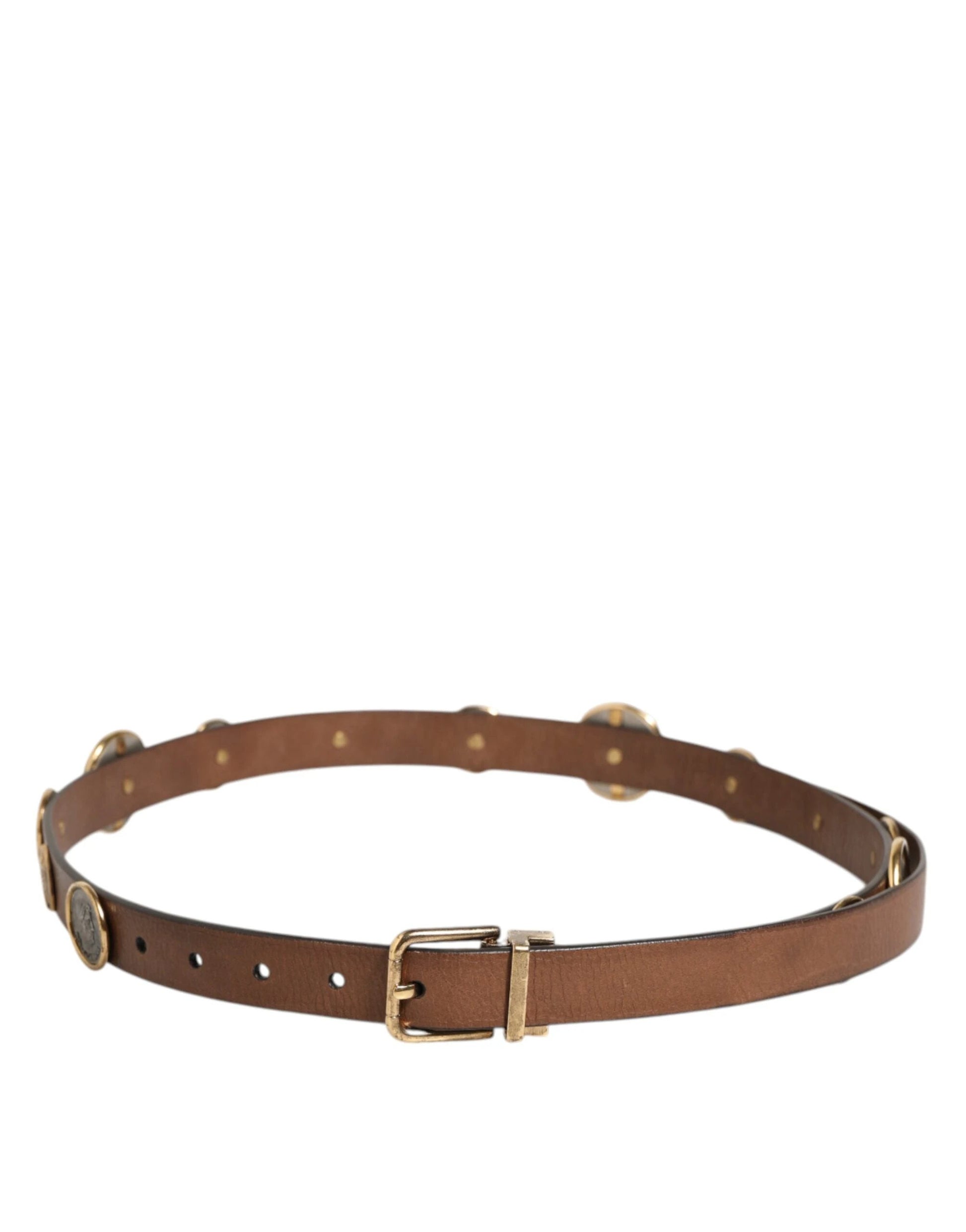 Dolce & Gabbana Brown Leather Gold Silver Coin Buckle Belt by Dolce & Gabbana