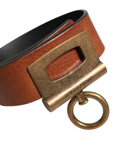 Dolce & Gabbana Brown Leather Side Rings Brass Buckle Belt by Dolce & Gabbana
