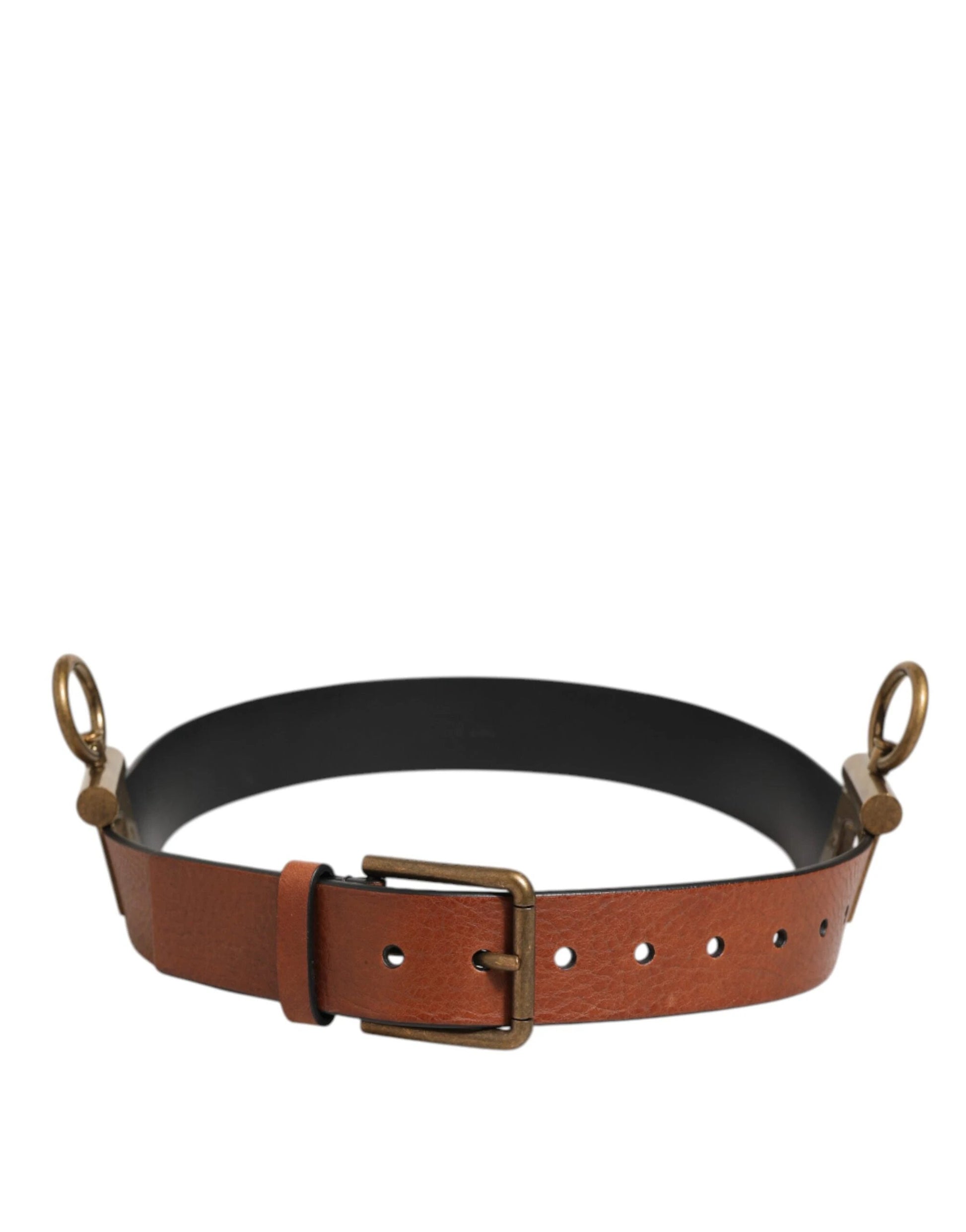 Dolce & Gabbana Brown Leather Side Rings Brass Buckle Belt by Dolce & Gabbana