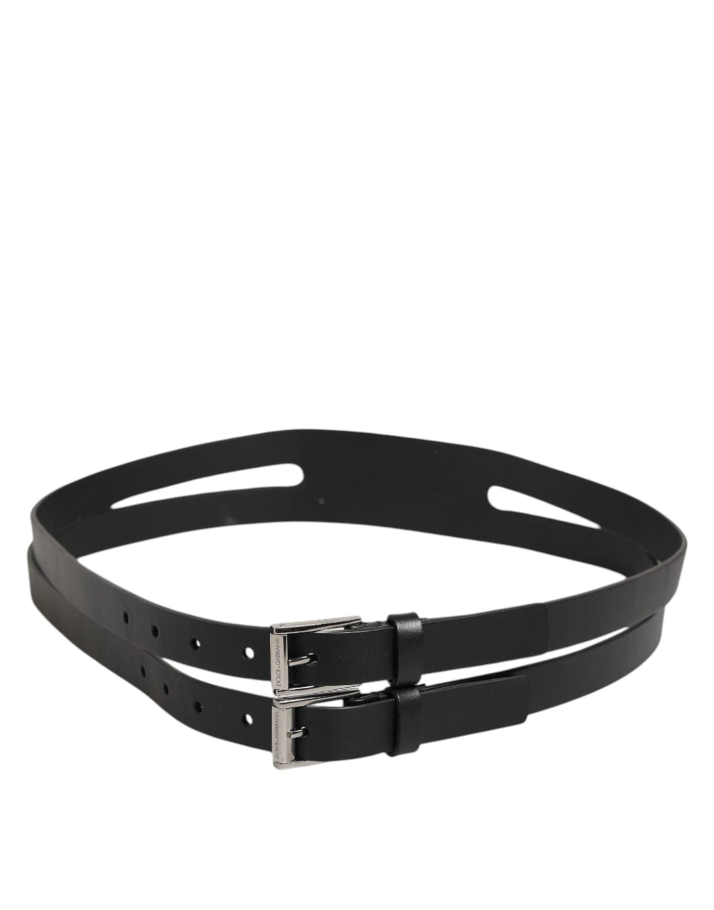 Dolce & Gabbana Black Double Strap Leather Silver Buckle Belt by Dolce & Gabbana