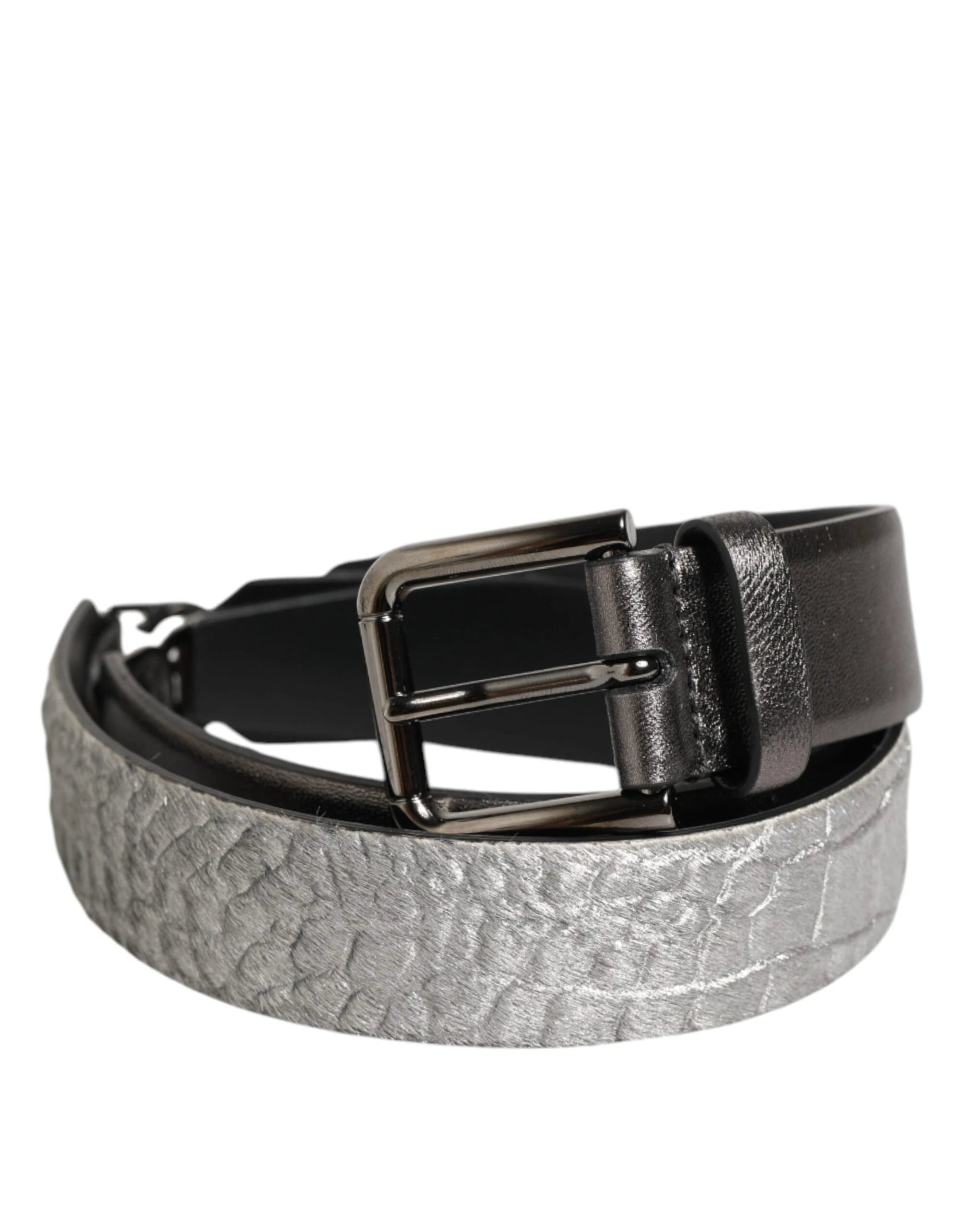 Dolce & Gabbana Black Silver Pebbled Texture Leather Buckle Men Belt by Dolce & Gabbana