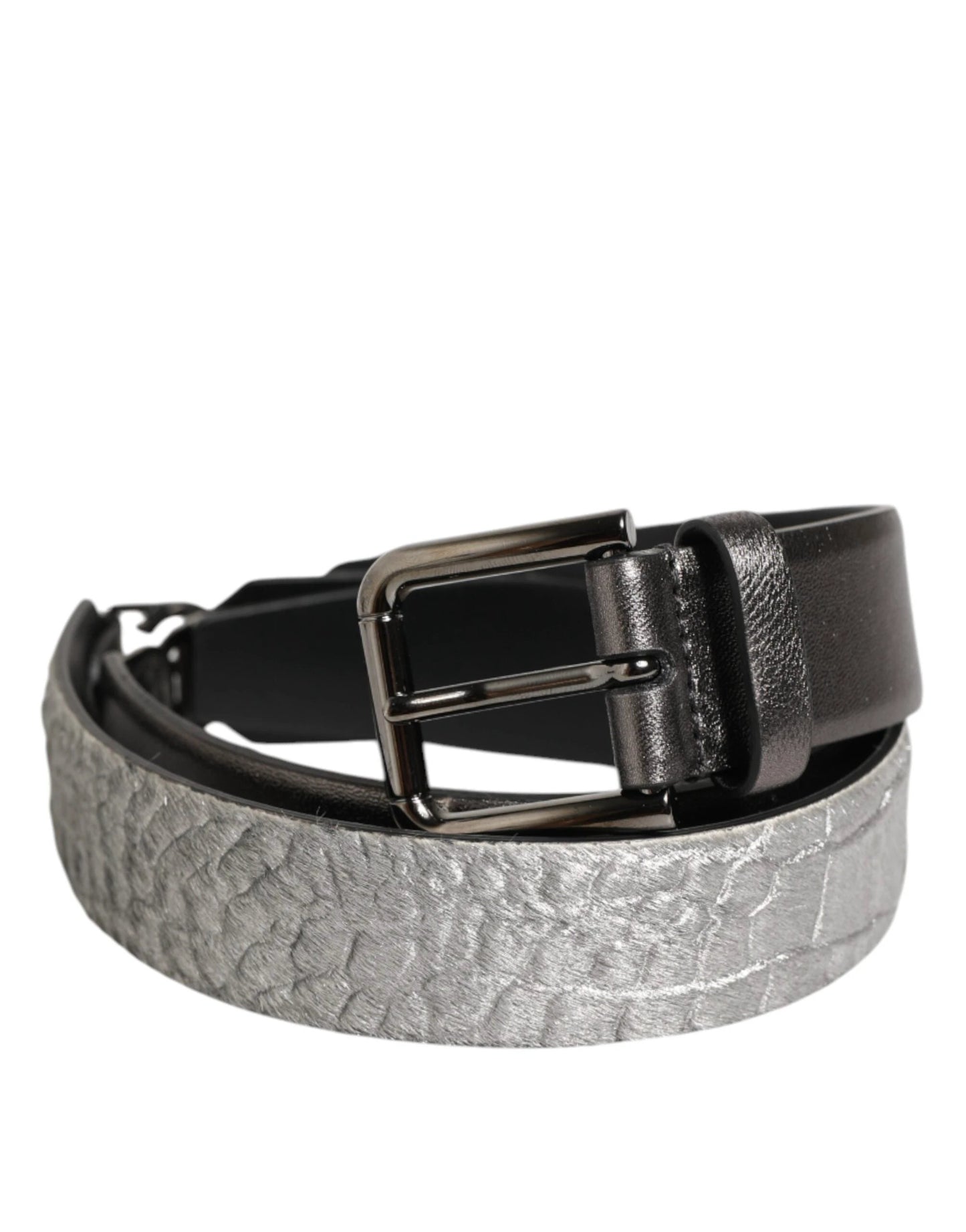 Dolce & Gabbana Black Silver Pebbled Texture Leather Buckle Men Belt by Dolce & Gabbana