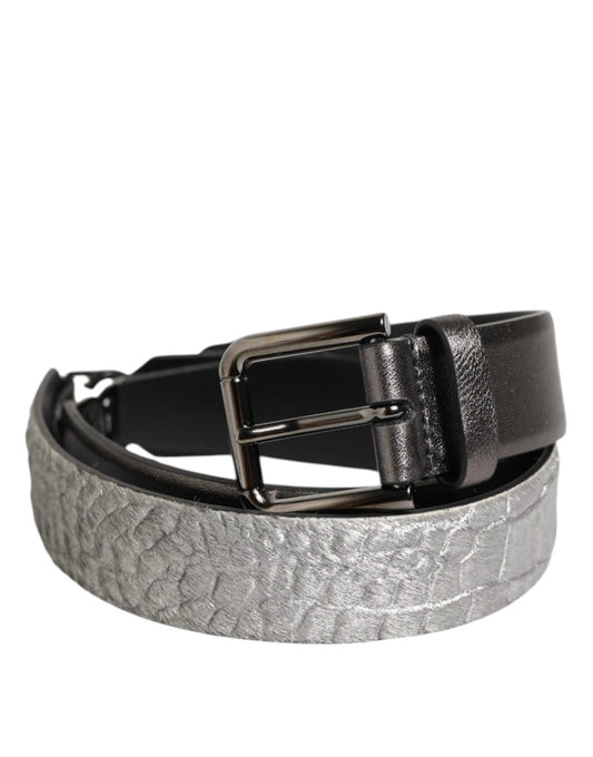 Dolce & Gabbana Black Silver Pebbled Texture Leather Buckle Men Belt by Dolce & Gabbana