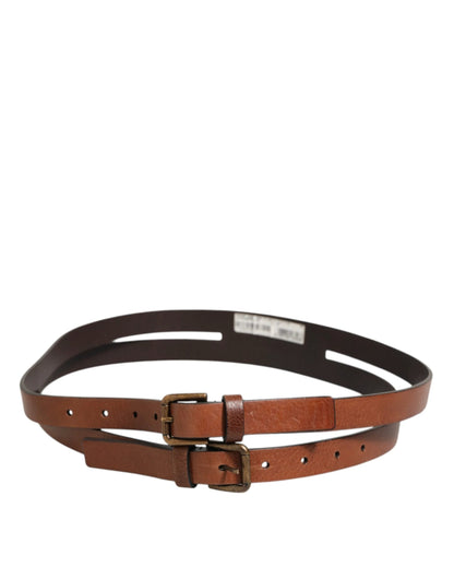 Dolce & Gabbana Brown Double Strap Leather Gold Buckle Belt by Dolce & Gabbana