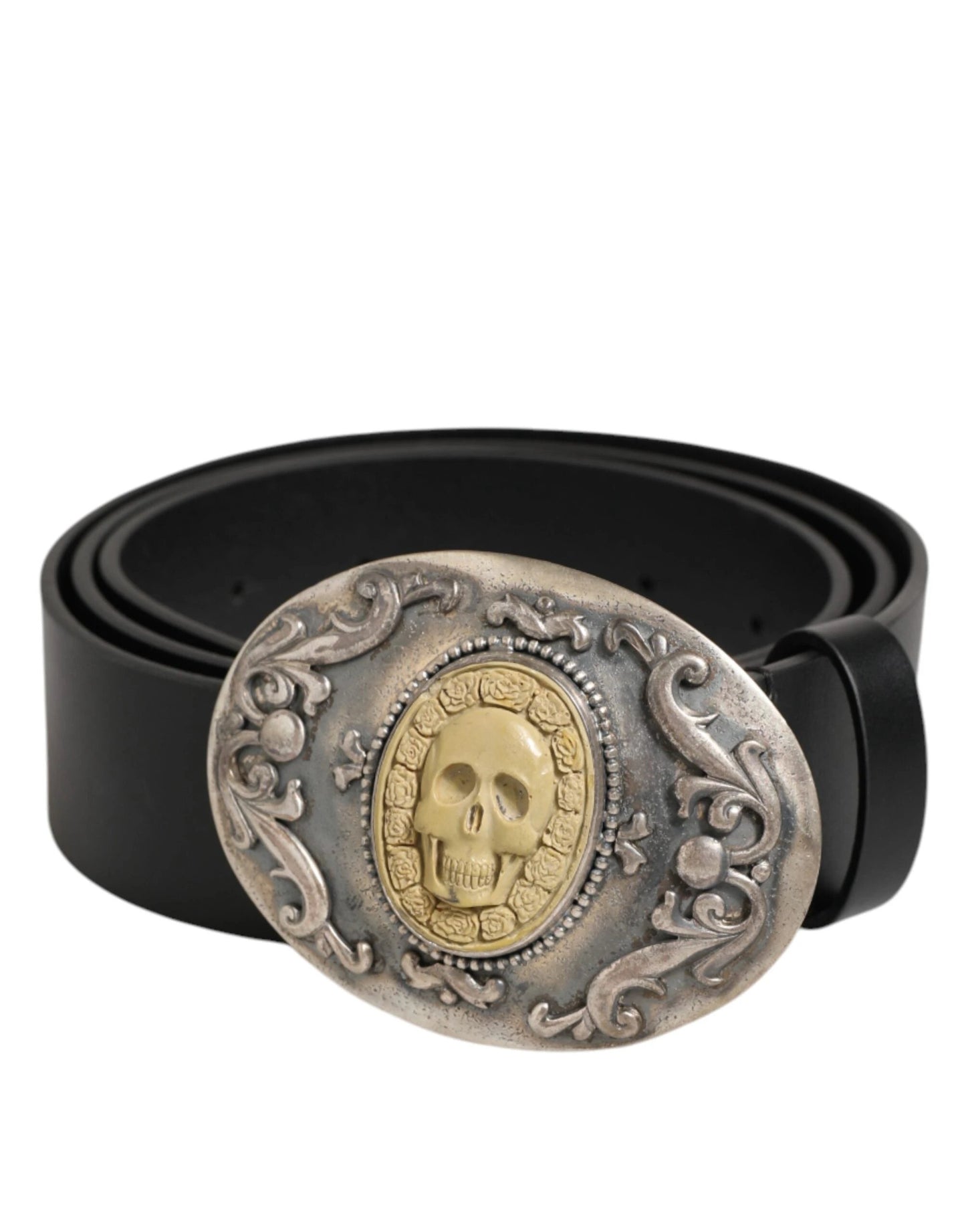Dolce & Gabbana Black Leather Ornate Metal Buckle Men Belt by Dolce & Gabbana