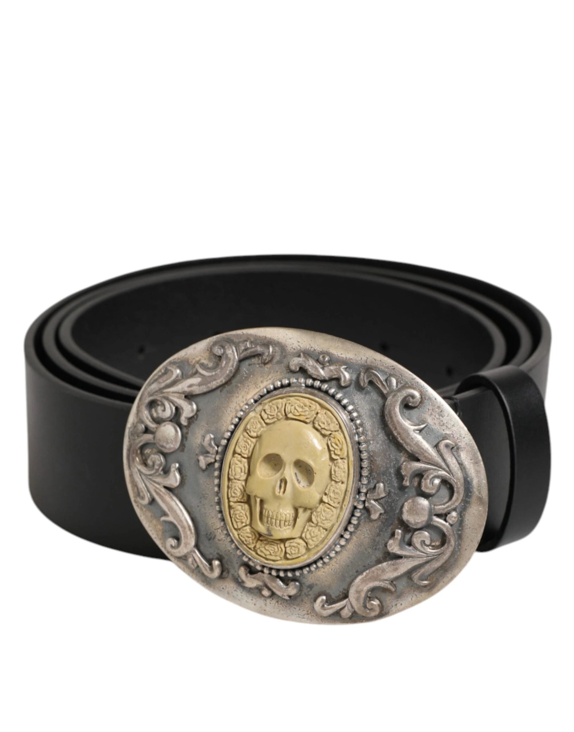 Dolce & Gabbana Black Leather Ornate Metal Buckle Men Belt by Dolce & Gabbana